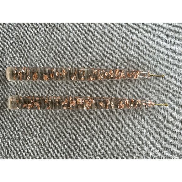 Vintage MCM Clear Lucite Taper Candles With Rose Gold Copper Flakes 8” Pair - Picture 5 of 7